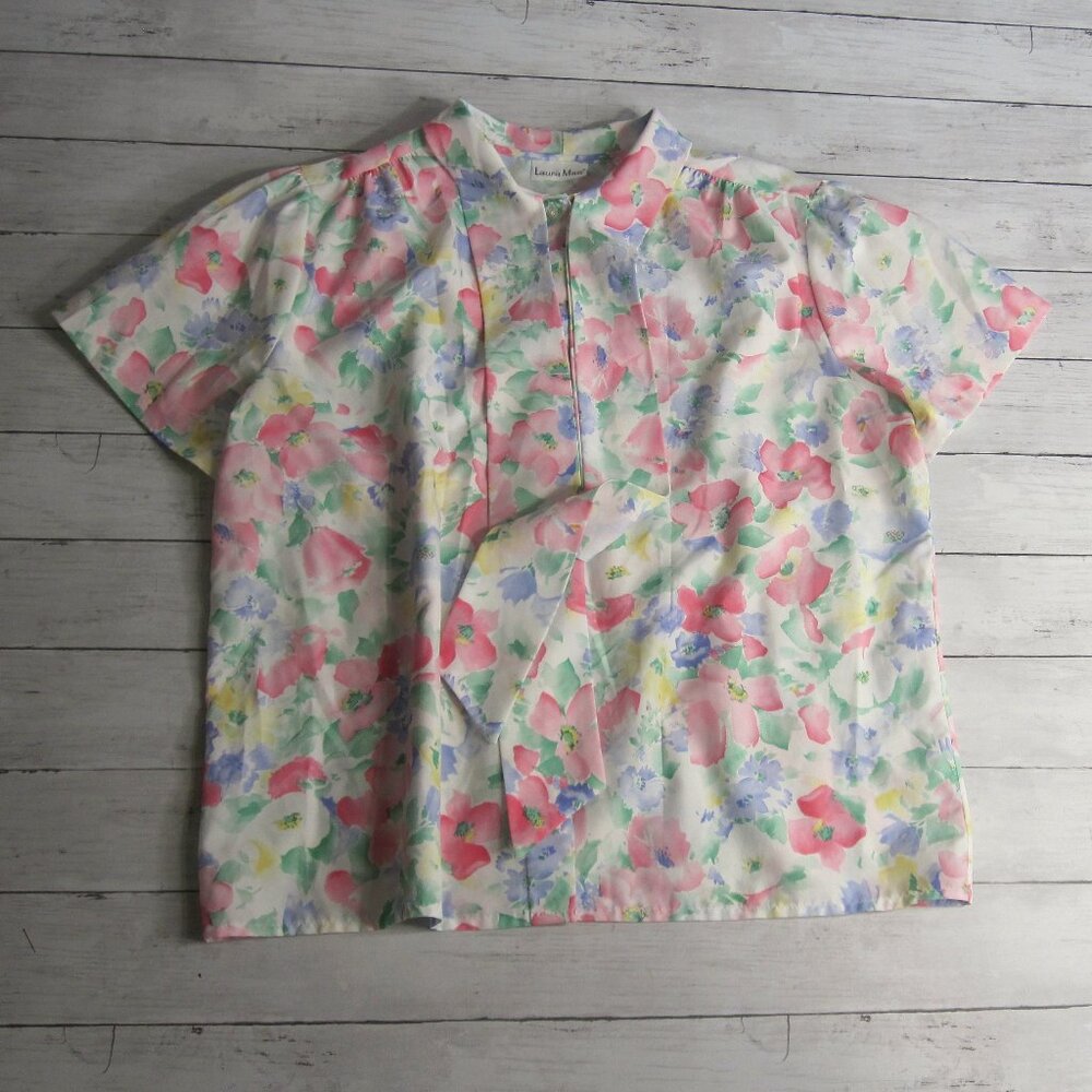 Laura Mae Vintage Women's Floral Top Size XL Bow Neck Tie 80's